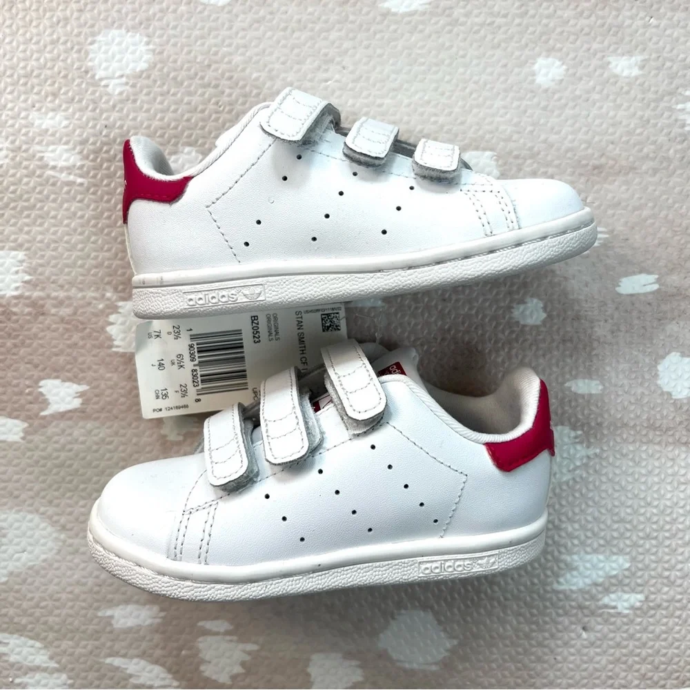 Adidas Stan Smith Kids White and Pink Sneakers Shoes For Girls 7K - Picture 4 of 6